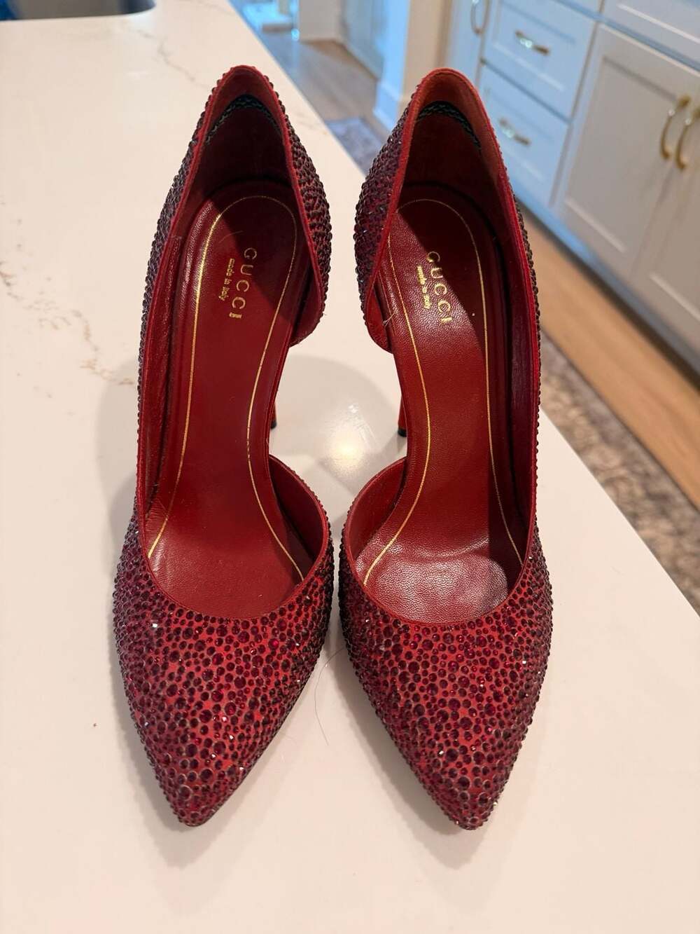 Gucci Crystal Embellished D'Orsay Pumps Size 37.5 Red Stiletto Heels AUTHENTIC